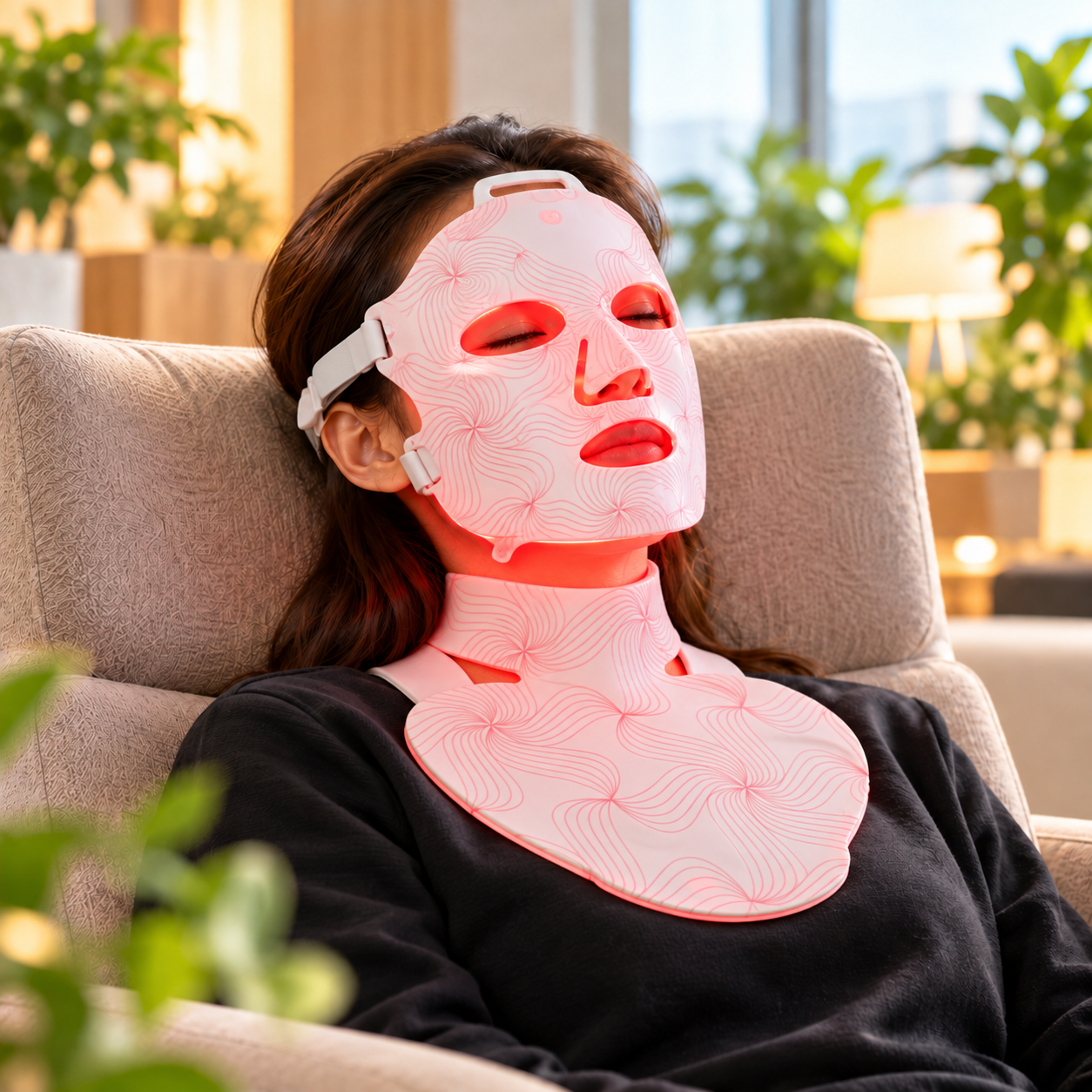 Woman wearing matching patterned LED face and neck wellness masks